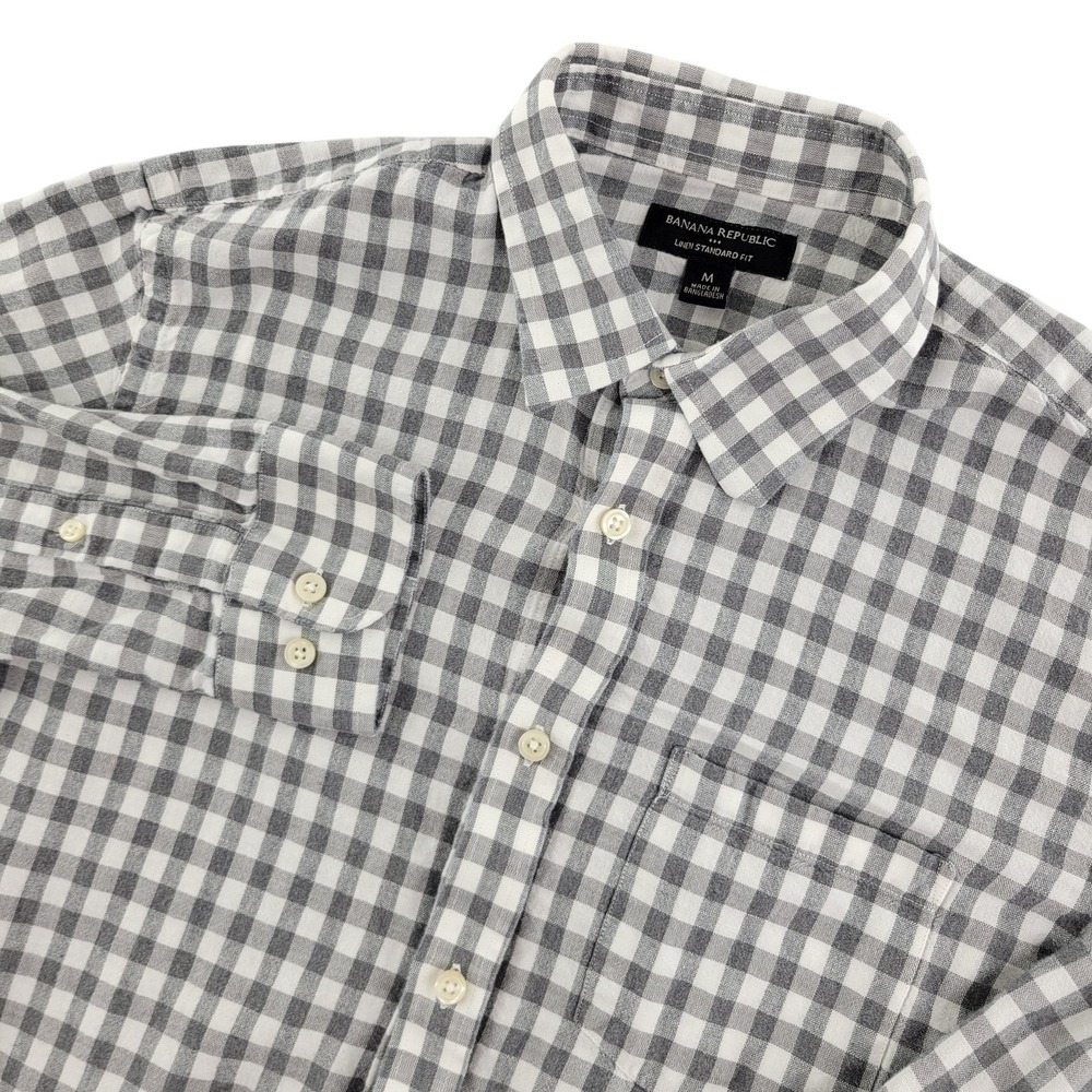 Banana Republic Shirt Mens M Gray Check Long Sleeve Linen Button Up Casual